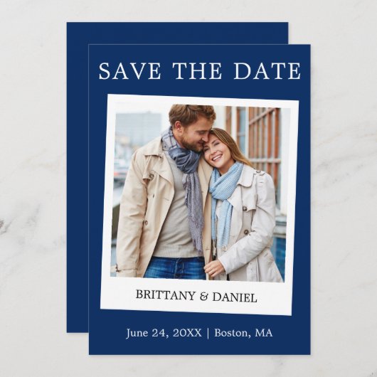 Sofortige Camera Style Couple Foto Blau Save The Date (Vorne/Hinten)