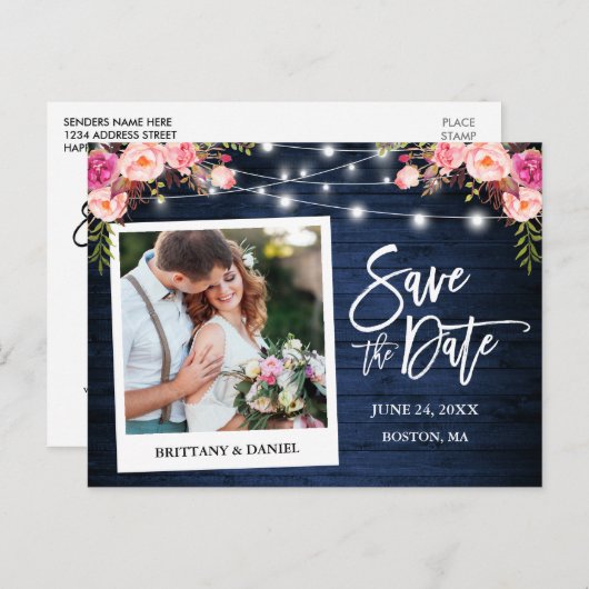 Sofortige Kamera Blau Holz Rosa Blütenfarbe Save t Postkarte (Vorne/Hinten)