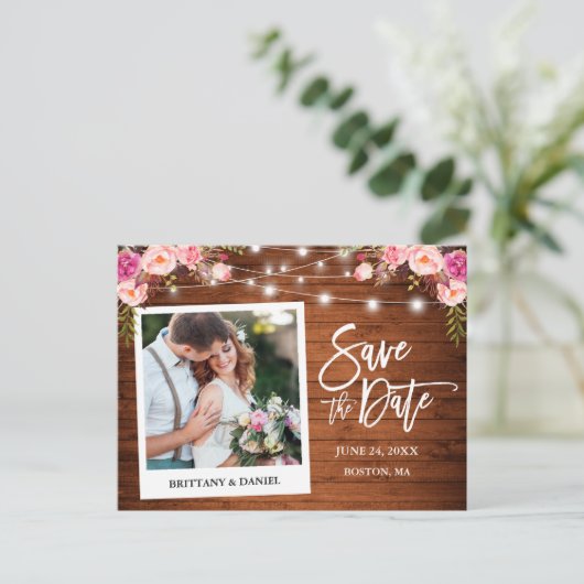 Sofortige Kamera Holz rosa Blütenfarbe Save the Da Postkarte (Stehend Vorderseite)