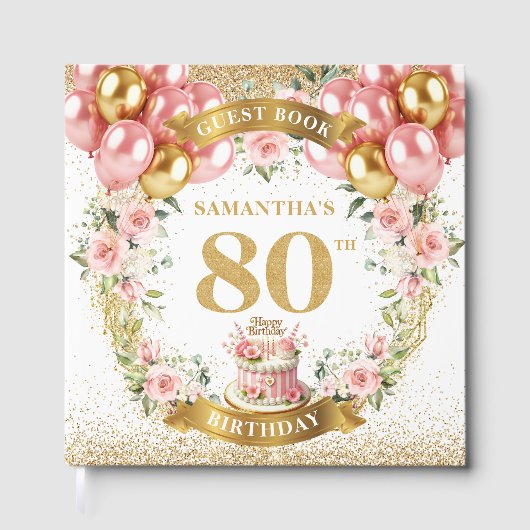 Soft 80th Birthday Guest Book Boho Balloon Sparkle Gästebuch (Vorderseite)
