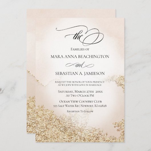 *~* Soft Abstrakt Watercolor Gold Blush Wedding Einladung (Vorne/Hinten)