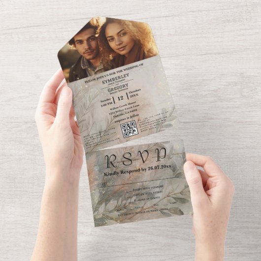 Soft Abstrakter botanischer Graugrün-Minimalcode Q All In One Einladung (Abreißen)