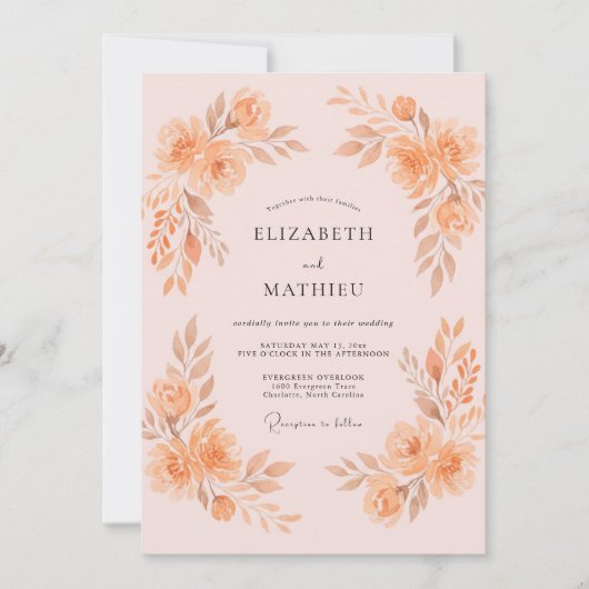 Soft Apricot Pfingstrosen-Hochzeit Einladung (Vorderseite)