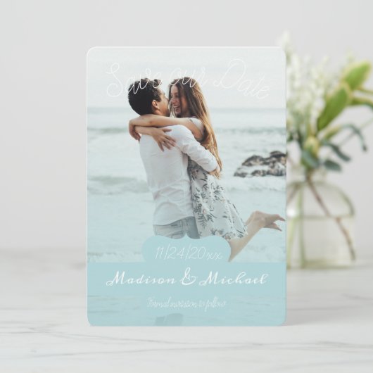 Soft Aquamarin Banner Foto Ankündigung Datum freih (Stehend Vorderseite)