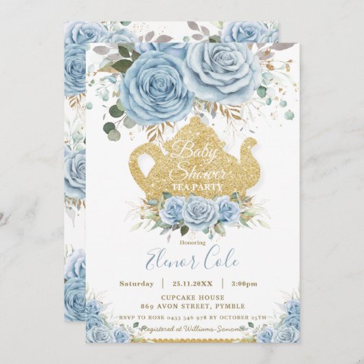 Soft Baby Blue Floral Baby Dusche Hoher Tee Party Einladung (Vorne/Hinten)