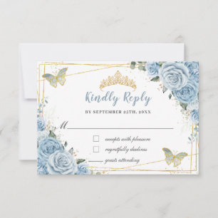 Soft Baby Blue Floral Gold Quinceñera Schmetterlin RSVP Karte