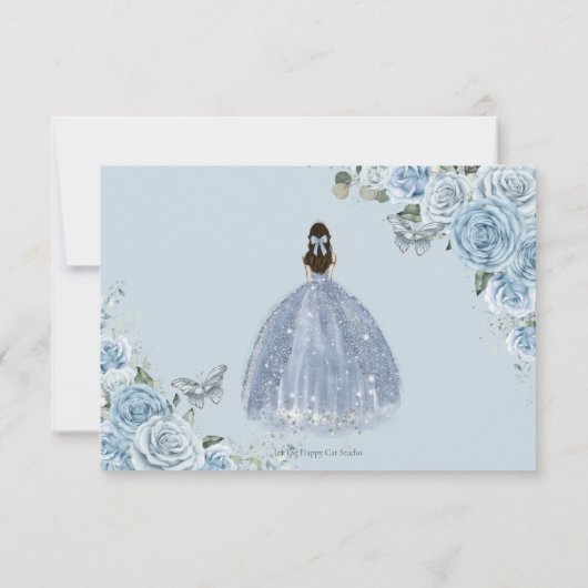 Soft Baby Blue Floral Rose Quinceañera Princess RSVP Karte (Rückseite)