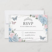 Soft Baby Blue Pink Floral Rose Quinceañera RSVP Karte (Vorderseite)