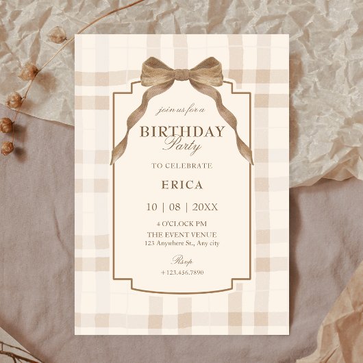 Soft beige brown bow tartan plaid birthday einladung