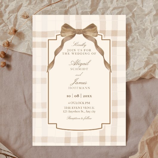 Soft beige brown bow tartan plaid wedding einladung