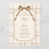 Soft beige brown bow tartan plaid wedding einladung (Vorderseite)