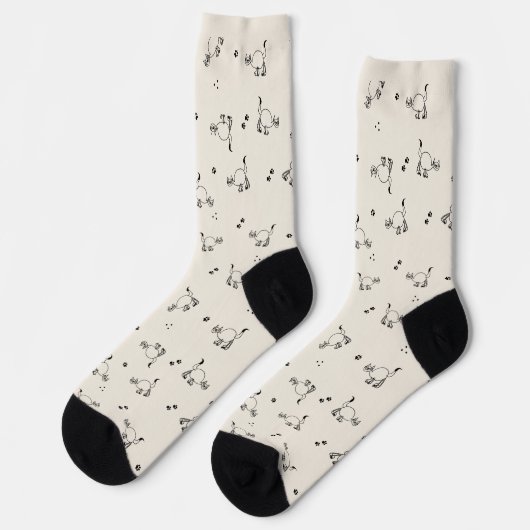 Soft Beige Cat Line Art Pattern Socks Socken (Linkes Detail)