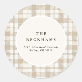 Soft Beige Gingham Christmas Return Address Runder Aufkleber