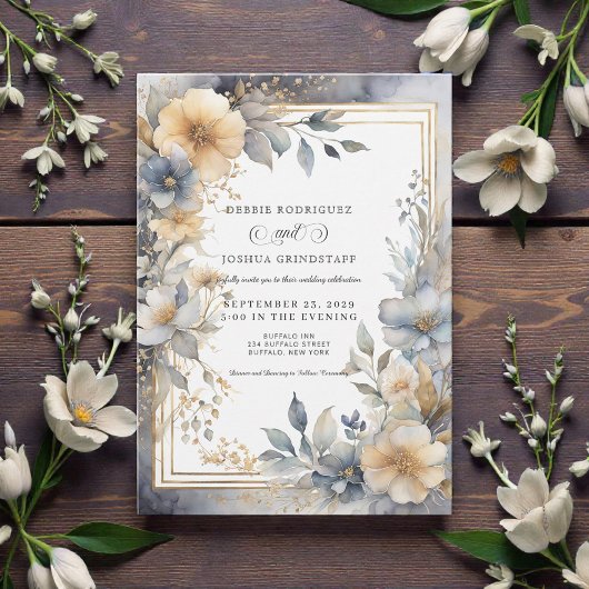 Soft Beige & Gray Floral Frame Wedding Invitation  Einladung