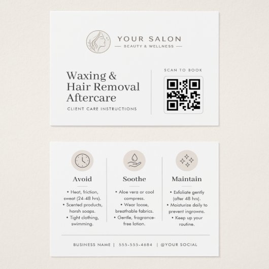 Soft Beige Minimal Wachs-Nachsorge QR-Vorlage (Vorne & Hinten)