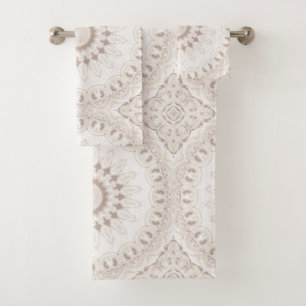 Soft Beige und White Mandala Medallion Badhandtuch Set