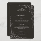 Soft Black Leaf Motif Erntedank Dinner Menükarte (Vorne/Hinten)