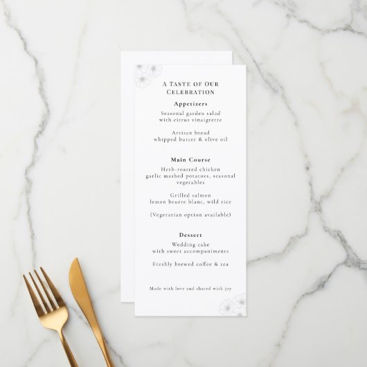Soft Bloom Eleganz "4 *9" Hochzeitsmenü Menükarte (Vorderseite/Rückseite Beispiel)
