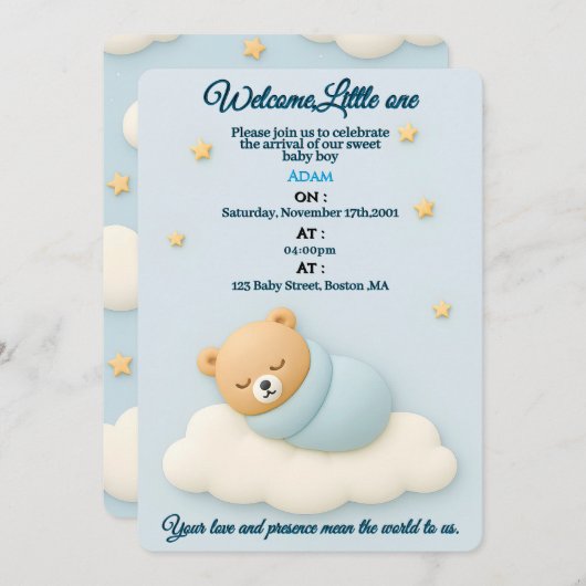 Soft Blue Baby Dusche Einladung Junge (Vorne/Hinten)