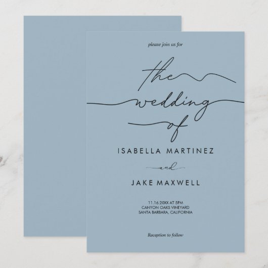 Soft Blue & Black Modern Script Wedding Einladung (Vorne/Hinten)