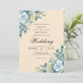 Soft Blue Botanical Blüh Wedding Einladung (Stehend Vorderseite)