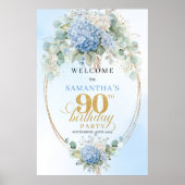 Soft Blue Botanical Gold 90th birthday welcome Poster (Vorne)