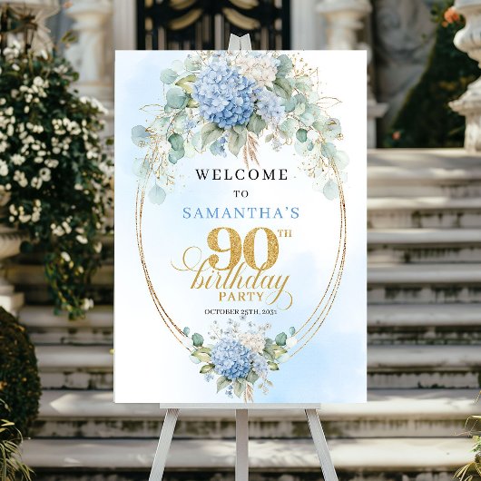 Soft Blue Botanical Gold 90th birthday welcome Poster