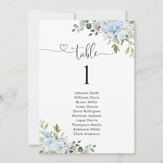 Soft Blue Botanical Table Number Seating Chart (Vorderseite)