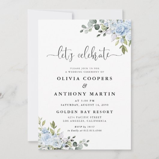 Soft Blue Botanical Wedding Invitation Einladung (Vorderseite)