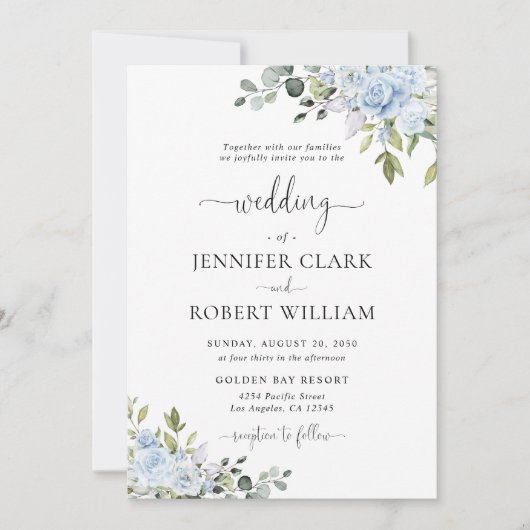 Soft Blue Botanical Wedding Invitation Einladung (Vorderseite)