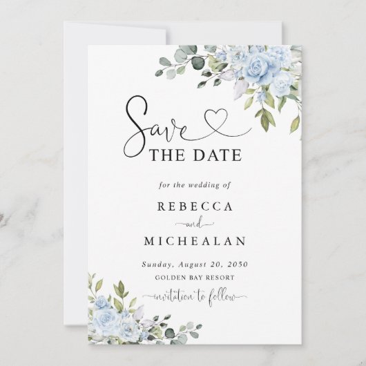Soft Blue Botanical Wedding Save The Date Einladung (Vorderseite)