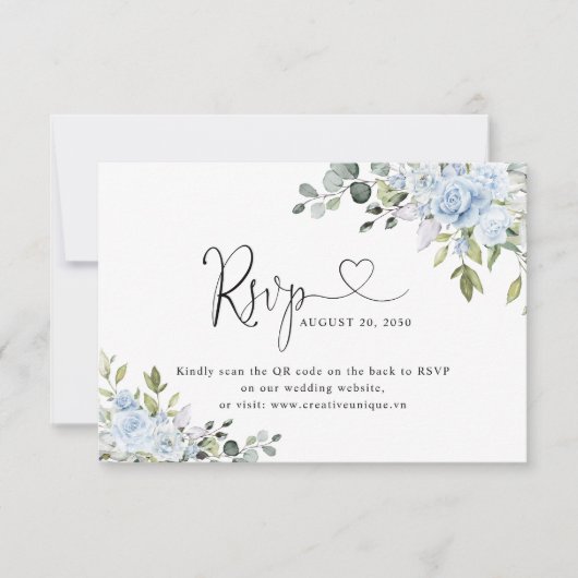 Soft Blue Botanical Wedding Website QR Code RSVP Karte (Vorderseite)