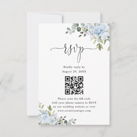 Soft Blue Botanical Wedding Website QR Code RSVP Karte (Vorderseite)