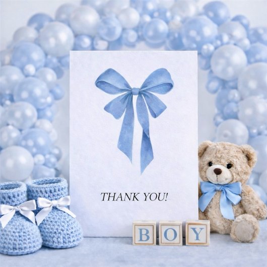 Soft Blue Bow Boy Baby Shower Dankeskarte