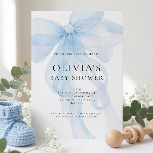 Soft Blue Bow Text Overlay Baby Shower Einladung