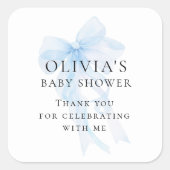 Soft Blue Bow Text Thank You Baby Shower Quadratischer Aufkleber (Vorderseite)