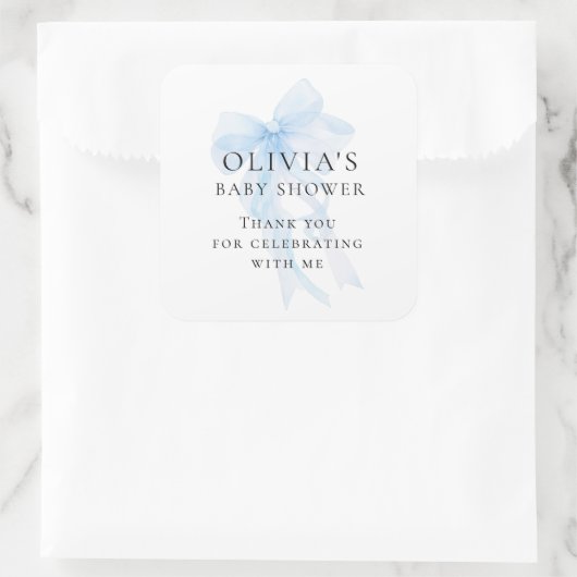 Soft Blue Bow Text Thank You Baby Shower Quadratischer Aufkleber (Tasche)