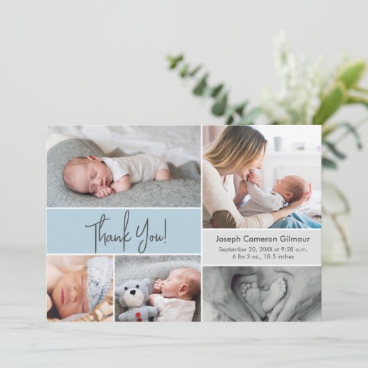 Soft blue Custom Foto Collage Baby Boy Birth Dankeskarte (Stehend Vorderseite)