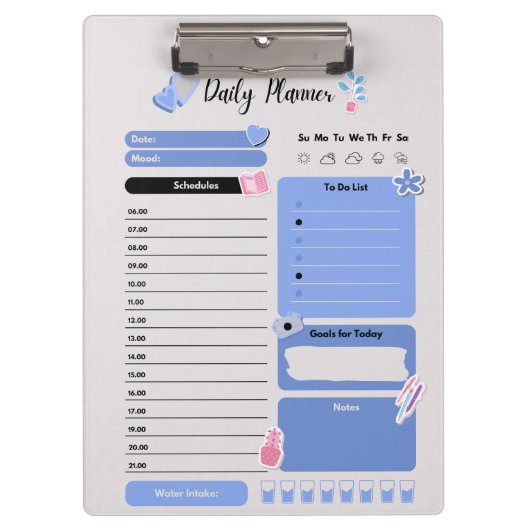 Soft Blue Daily Planner with Mood & Water Track Klemmbrett (Vorderseite)