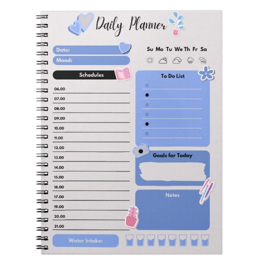 Soft Blue Daily Planner with Mood & Water Track Notizblock (Vorderseite)