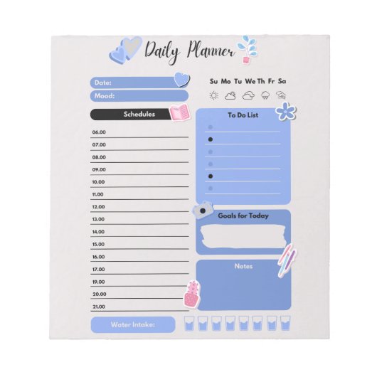 Soft Blue Daily Planner with Mood & Water Track Notizblock (Vorderseite)