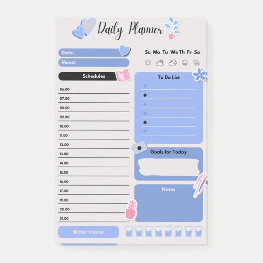 Soft Blue Daily Planner with Mood & Water Track Post-it Klebezettel (Vorderseite)