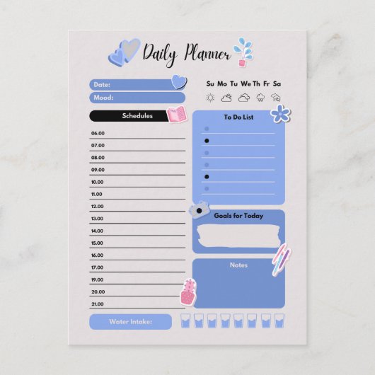 Soft Blue Daily Planner with Mood & Water Track Postkarte (Vorderseite)