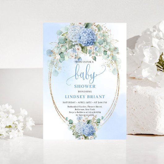 Soft Blue Floral Baby Shower Invitation Gold Einladung