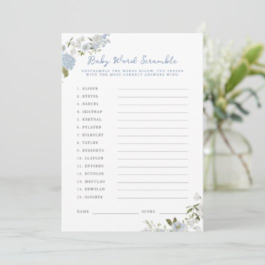 Soft Blue Floral Baby Word Scramble Card Einladung (Stehend Vorderseite)