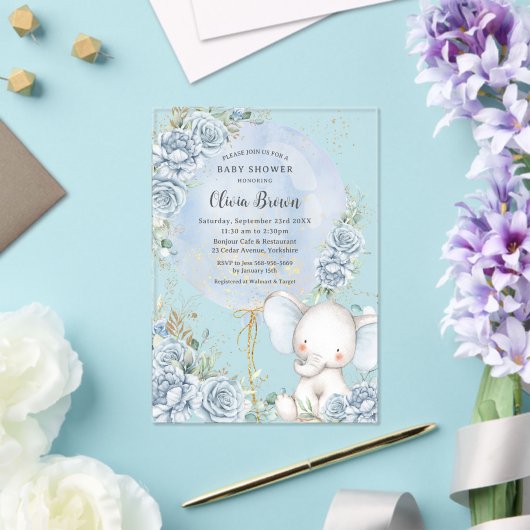 Soft Blue Floral Ballon Elephant Boy Baby Dusche Acryleinladungen (In Situ (Hochzeit))