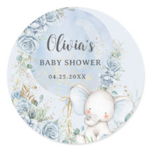 Soft Blue Floral Ballon Elephant Boy Baby Dusche