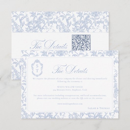 Soft Blue Floral Chinoiserie Details QR code Begleitkarte (Vorne/Hinten)