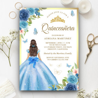 Soft Blue Floral Dress Butterfly Gold Quinceanera Einladung