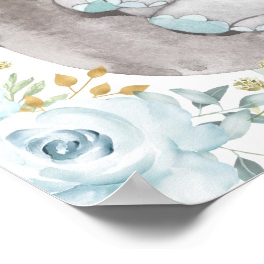 Soft Blue Floral Elephant Baby Dusche Empfang Poster (Ecke)